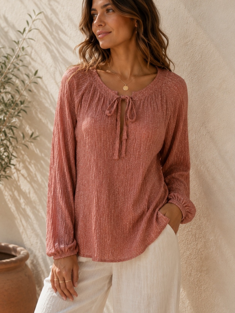 Zara Long Sleeve V neck Salmon Coral Blouse w/ Tie Neck & Tinsel Details size SM